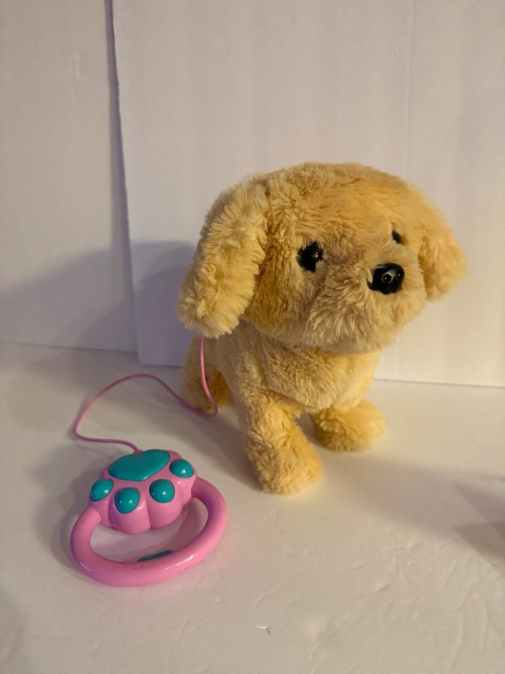 Plush Yellow Puppy Dog that walks and talks with Pink Teether Remote